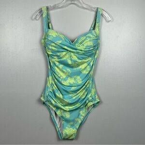 Emerald Bay yellow & aqua ruched twist front modest 1 piece swimsuit, size 12.